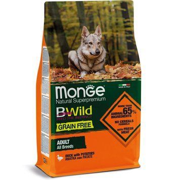Сухой корм Monge (Монж) BWild Grain Free Duck Adult All Breeds беззерновой корм из мяса утки с картофелем для взрослых собак всех пород 2,5 кг 70004732 фото